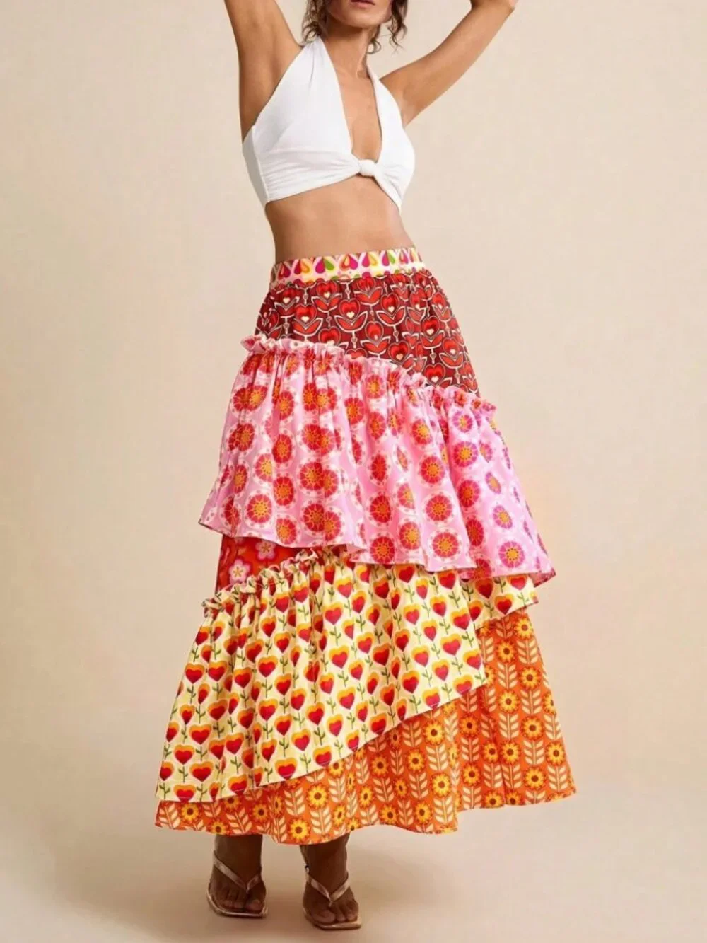 Pink Orange Mixed Floral Print Tiered Ruffle Maxi Skirt
